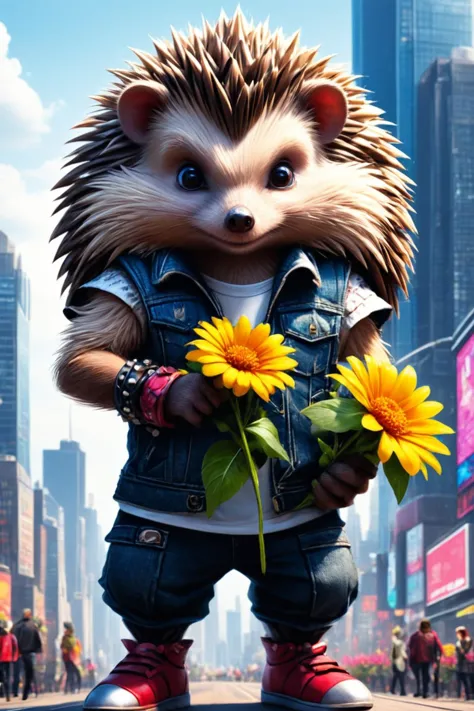 Detailed digital illustration of an anthro Hedgehog (Holding a flower delicately) at a Megacity skyline with towering advertisin...