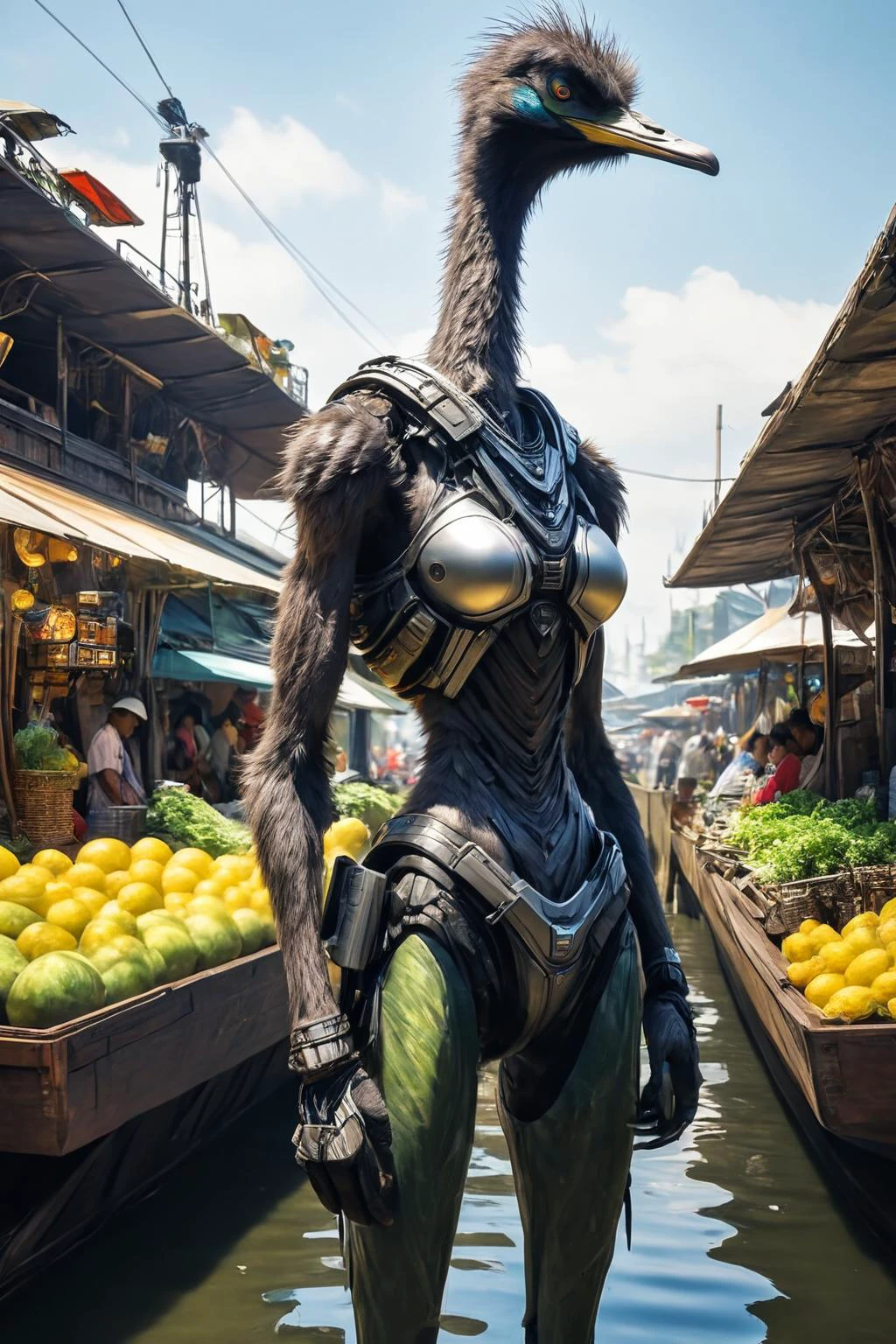 RAW photo of a skinny  anthro Emu Cybernetic sniper with precision targeting systems at Floating market in airship city,  super detail, ultra-realism, PENeonUV, (((female)))