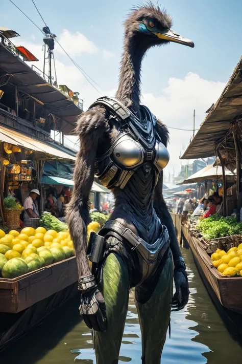 RAW photo of a skinny  anthro Emu Cybernetic sniper with precision targeting systems at Floating market in airship city,  super ...