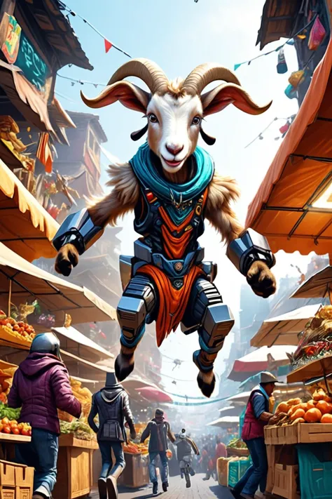 Detailed digital illustration of an anthro Goat (Jumping mid-air, expressing joy) at a Futuristic marketplace with robotic stree...