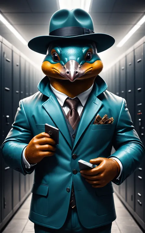 RAW photo of an anthro Platypus (Holding a hat stylishly) at aUnderground data vault with biometric security,  super detail, ult...