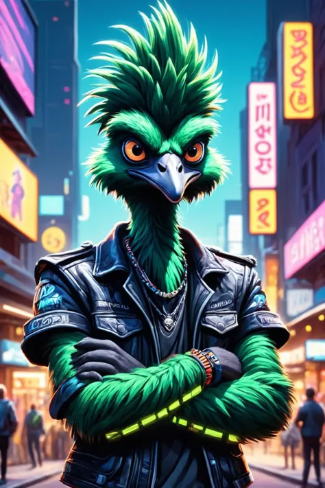 Detailed digital illustration of an anthro Emu (Crossed arms, serious expression) at a Neon-lit streets with hovering billboards...