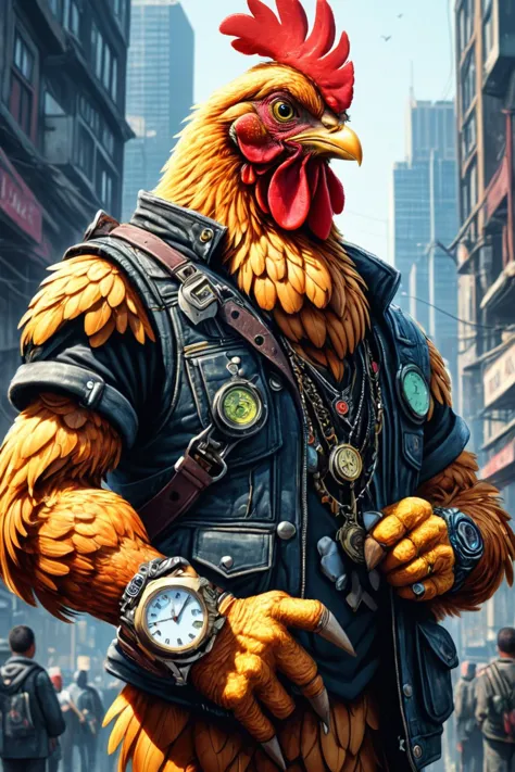 Detailed digital illustration of an anthro Chicken (Looking at a watch, anticipation) at a Megacity slums with makeshift cyber c...