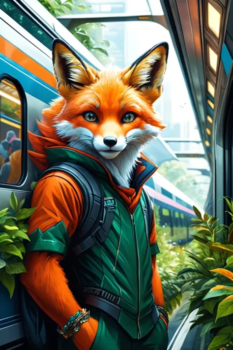 Detailed digital illustration of an anthro Fox (Peeking through foliage, mysterious allure) at a Crowded monorail station with f...