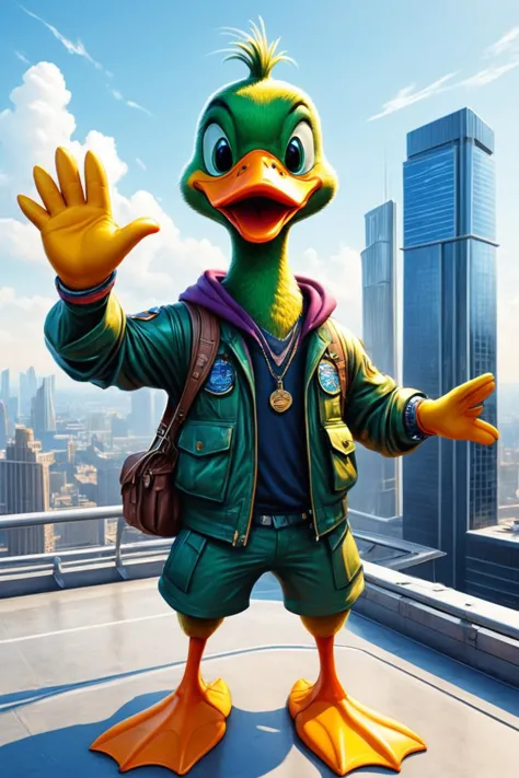 Detailed digital illustration of an anthro Duck (Waving hello, a friendly gesture) at a Futuristic skyscraper rooftop helipad la...