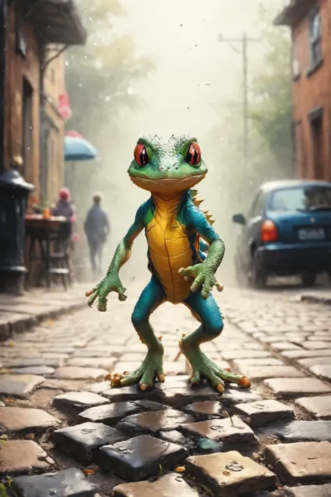 RAW-Foto eines mageren anthropomorphen Geckos bei Kinder spielen Himmel und Hölle auf Kopfsteinpflaster,  Super Detail, Ultra-Realismus, Dreamyvibes Artstyle