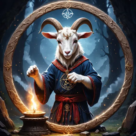 RAW photo of an anthro goat child drawing a summoning circle, pentagram, innocent,  super detail, ultra-realism, <lora:xl_more_a...