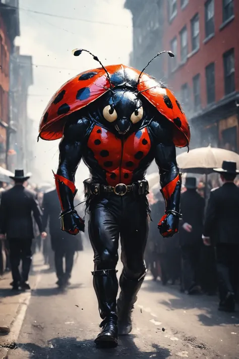 Photo brute d'une Coccinelle anthropomorphe lors d'un cortège funèbre tiré par des chevaux dans les rues,  Super détail, Ultra-réalisme, 