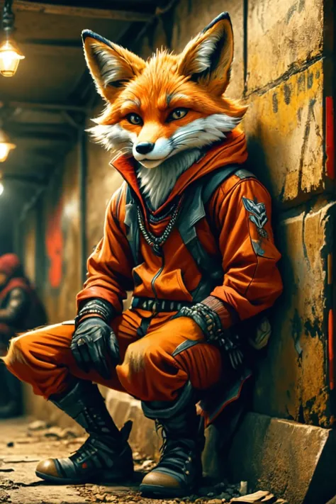 Ilustração digital detalhada de uma antropo Fox (Encostado casualmente na parede) em uma reunião de resistência subterrânea em uma sala mal iluminada, maluco