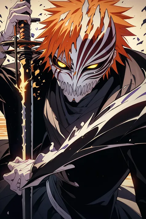 ((best quality)), ((masterpiece)), (intricate details, hyperdetailed:1.15), 35mm, bokeh, (perfect face, highest detailed face), (action shot, mid-angle shot), hollow mask ichigo, colored sclera, mask, black sclera, orange hair, looking at viewer, long spiked hair, <lora:Ichigo_hollow_mask:0.8>, (hollowfication, liquid mask:1.3), glowing eyes, spiky teeth, <lora:hollowfication:0.8> , looking at viewer, (hailoknight, Solo, 1girl, holding glowing katana infront of him, holding sword:1.4), <lora:hailoknightV2E12:1>, looking at viewer, 8k, shiny, glow, (bloom), male focus, cinematic shot, in a desert with white sand, black sky, full moon