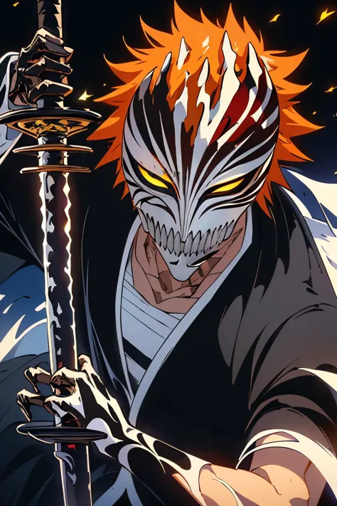 anime character with orange hair holding a sword in front of a dark background