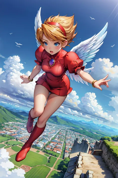 masterpiece, best quality, bof3nina, hairband, brooch, wings, red dress, puffy sleeves, bracelet, red boots, (flying:1.4) from above, sky, clouds <lora:bof3nina-nvwls-v1-000010:0.9>