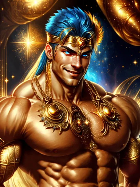 random00d, particles, sparkles, gems, gold treasure,
(one male:1.9), Very detailed flawless handsome face, detailed open eyes, heroic, bodybuilder, (big muscles), (big pectorals), narrow waist. Long hair. Realistic face, realistic blue eyes, (smile).
