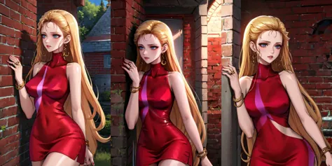 anime girl in red dress posing in front of brick wall