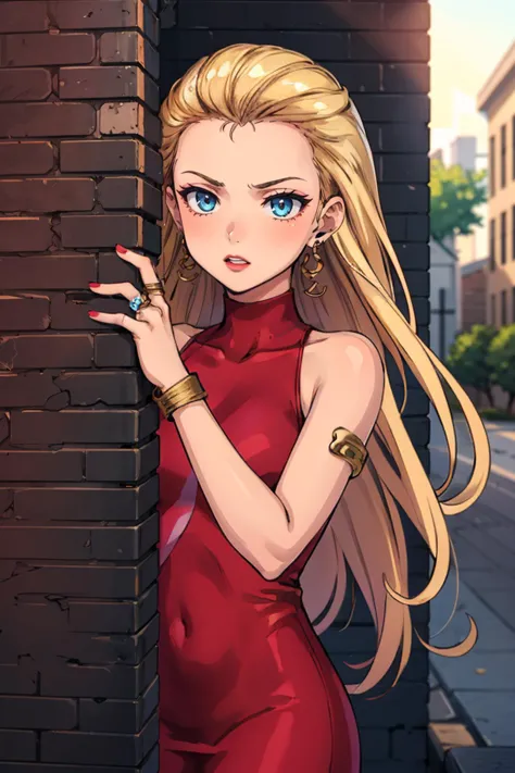 a woman in a red dress leaning against a brick wall