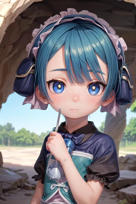 a girl with blue hair and a blue dress holding a knife