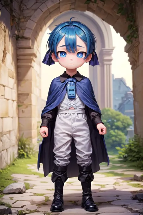 a cartoon character of a boy with blue hair and a cape