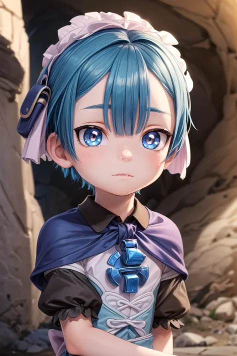 a woman with blue hair and a blue dress stands in front of a cave