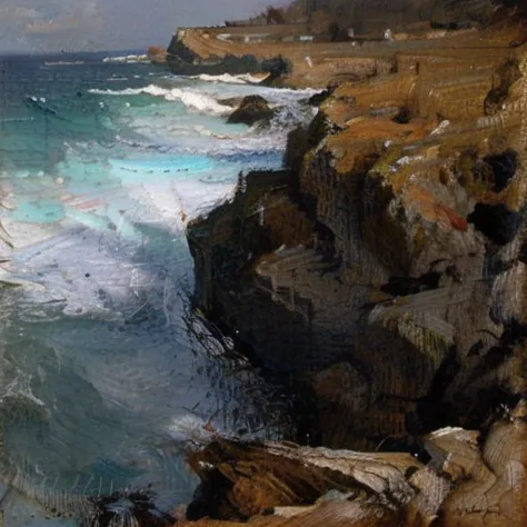 painting of a rocky beach with a body of water and a lighthouse