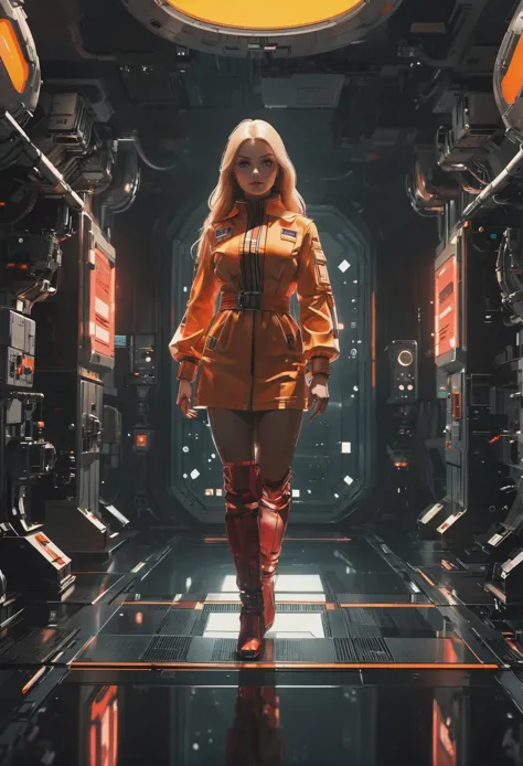 a woman in a yellow jacket and red boots standing in a space station