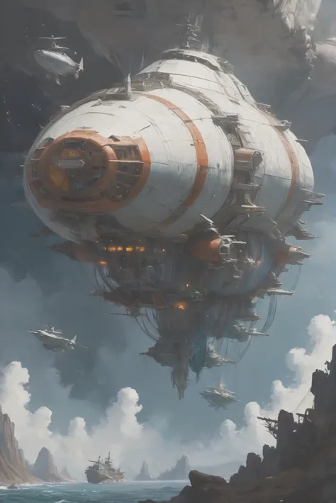 a painting of a futuristic ship floating in the sky over a rocky beach