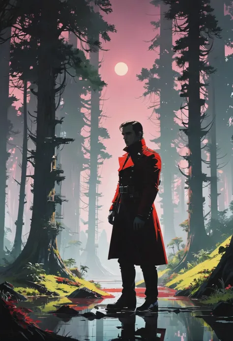 a man in a red coat standing in a forest with a red sky