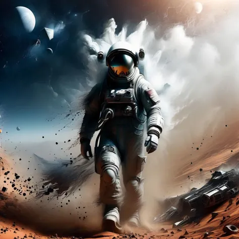 an almost mystical cosmonaut surrounded by dust and shadows, his astronaut military suit is old and has cracks and damage, the h...