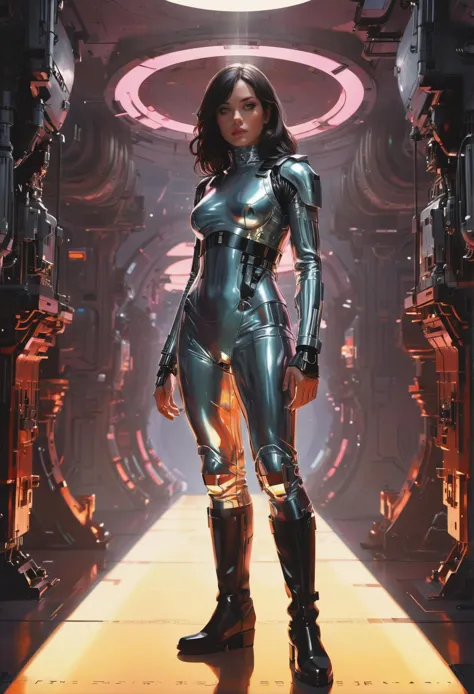 a woman in a futuristic suit standing in a sci - fiction space