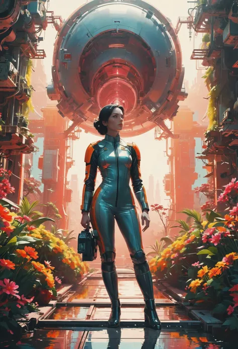 a woman in a futuristic suit stands in a garden with flowers