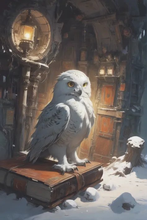 snowy owl sitting on a book in front of a building