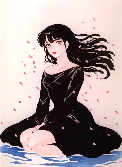 Takahashi Rumiko,  obra de arte, melhor qualidade, 1990s \(estilo\), otonashi kyouko, 1 garota, black vestir, Cabelo preto, Olhos castanhos, vestir, cabelo flutuante, lábios, lábiostick, cabelo longo, mangas compridas, Inventar, pétalas, fundo simples, sentado, Sozinho, Mídia tradicional 