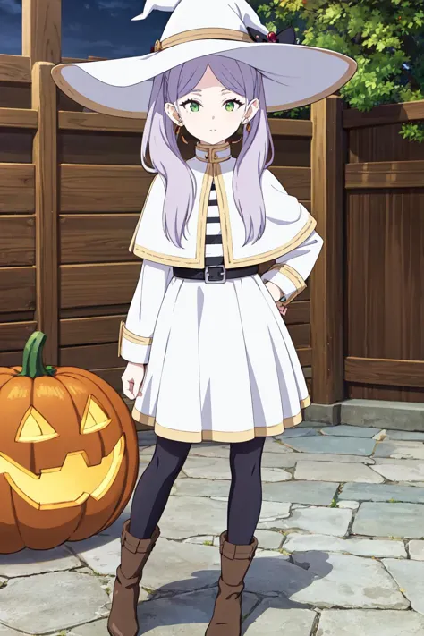 masterpiece, best quality, ultra detailed, highres, frieren, green eyes, solo, long hair,twintails,parted bangs,earrings,jewelry,dress,long sleeves,white capelet,belt,black pantyhose,boots,brown footwear, <lora:frieren:0.6> , wearing witch hat, pumpkin outdoors