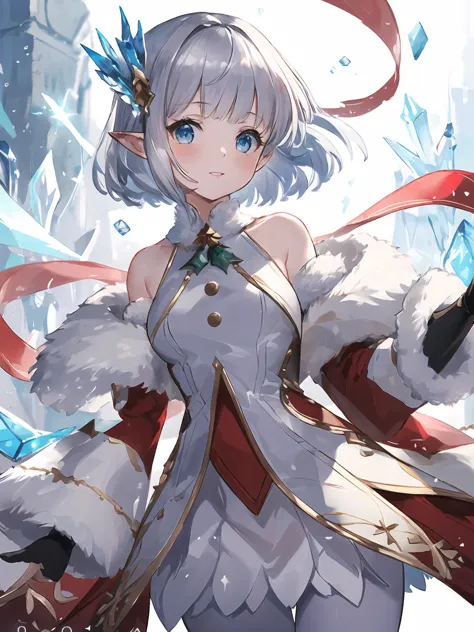 masterpiece,best quality,highres,cinematic lighting,dramatic angle,1girl,silver hair,hime cut,blue eyes,pointy ears,hair ornament,white and red dress,fur trim,thick coat,bare shoulders,elbow fingerless gloves,white pantyhose,layered dress,<lora:CygamesLilyV1-000018:0.8:lbw=1,1,0.1,1,1,0.1,0.1,1,1,1,1,1,1,1,1,1,1>,happy,looking at viewer,cowboy shot,LilyChristmas,icy baton,floating icele magical notes,