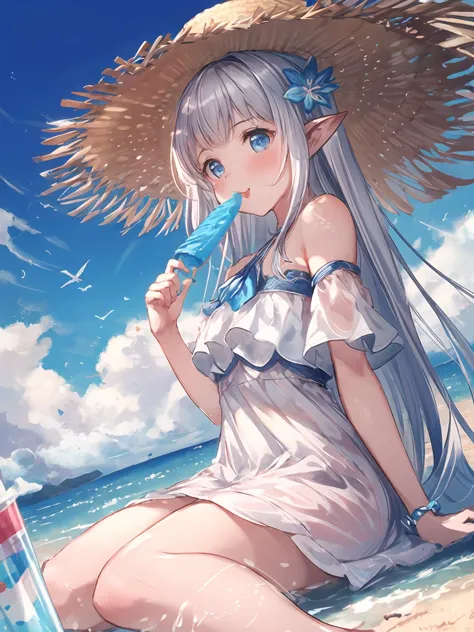 anime girl with long hair sitting on the beach eating a blue ice cream