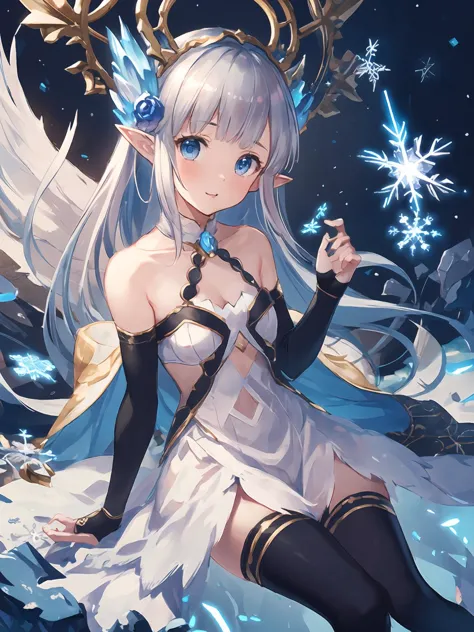 a woman in a white dress with a sword and a snowflake