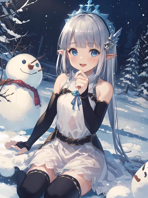 anime girl sitting in the snow with a snowman in the background