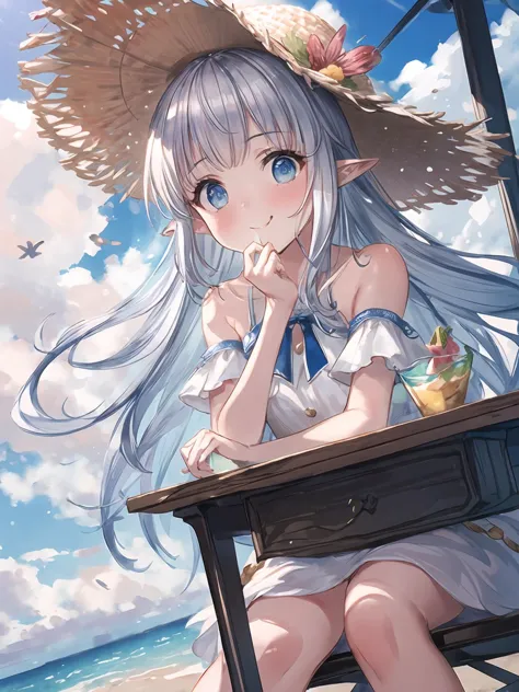 masterpiece,best quality,highres,cinematic lighting,dramatic angle,1girl,silver hair,very long hair,blue eyes,pointy ears,hair ornament,white  dress,bare shoulders,sandals,<lora:CygamesLilyV1-000018:0.8:lbw=1,1,0.1,1,1,0.1,0.1,1,1,1,1,1,1,1,1,1,1>,beach,seaside,LilySpring,bowtie,straw hat aside,eating icecream,happy,portrait,sunshine,sitting,sunshade,shy,blush,<lora:add_detail:0.5>,wooden desk and chair