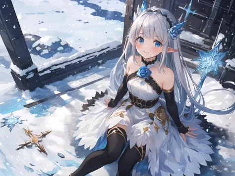 anime girl sitting in the snow with a blue star