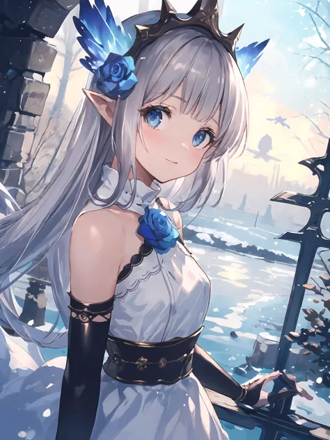 anime girl with blue eyes and a crown on her head