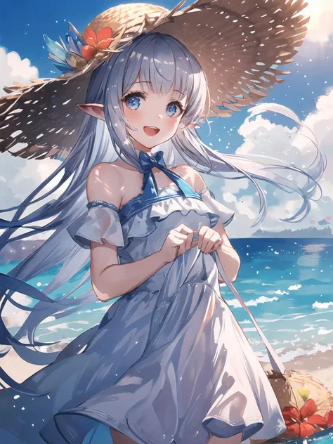 anime girl with long hair and a straw hat on the beach