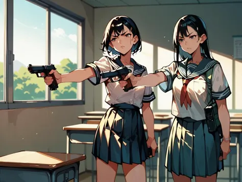 score_9,score_8_up,score_7_up,source_anime,<lora:Royale_With_Cheese_Pony:1>,rwc,2girls,holding gun,school uniform,classroom,