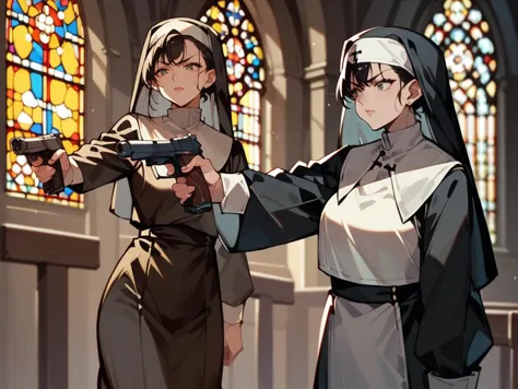 anime image of two women dressed in nun suits holding guns