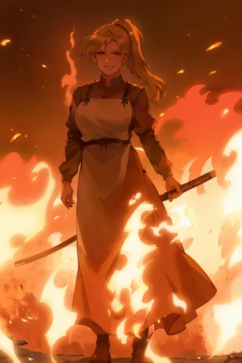 a woman in a long dress holding a sword in front of a fire