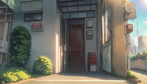 score_9,score_8_up,score_7_up,score_6_up,<lora:CoMix_BGXL:1>,source_anime,close up,from_below,scenery,outdoors,apartment,door,bu...
