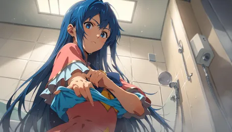 anime girl with blue hair and blue eyes in a bathroom