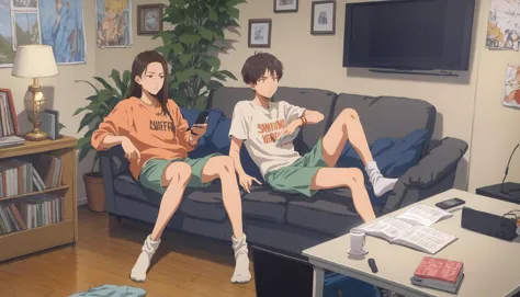 score_9,score_8_up,score_7_up,score_6_up,<lora:CoMix_BGXL>,<lora:MeMaXL_V2:0.5>,source_anime,1girl AND 1boy,short hair,long hair,sitting,on couch,television,holding phone,socks,magazine,