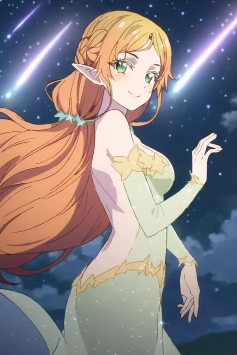 a woman with long hair and a tail is standing in front of a night sky