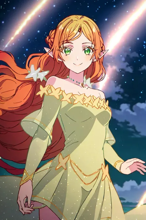 a woman in a green dress standing in front of a star filled sky