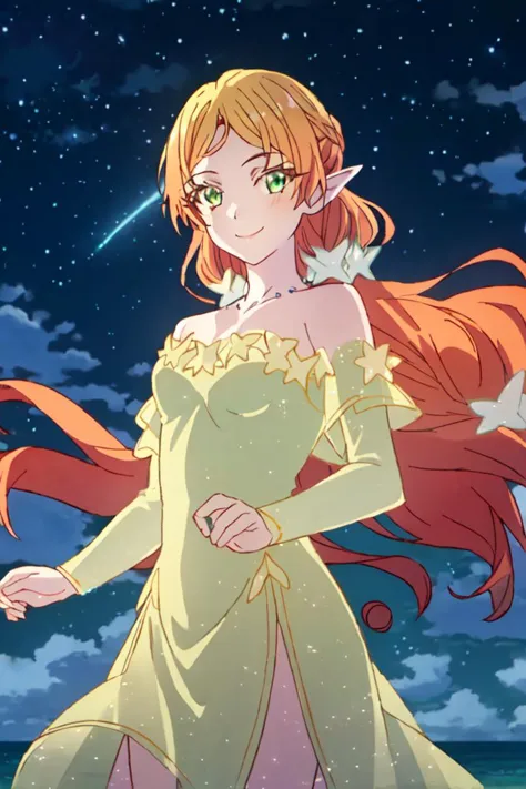 a woman in a yellow dress standing on a beach under a night sky