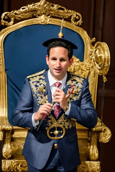 arafed man in a suit and tie standing in a chair